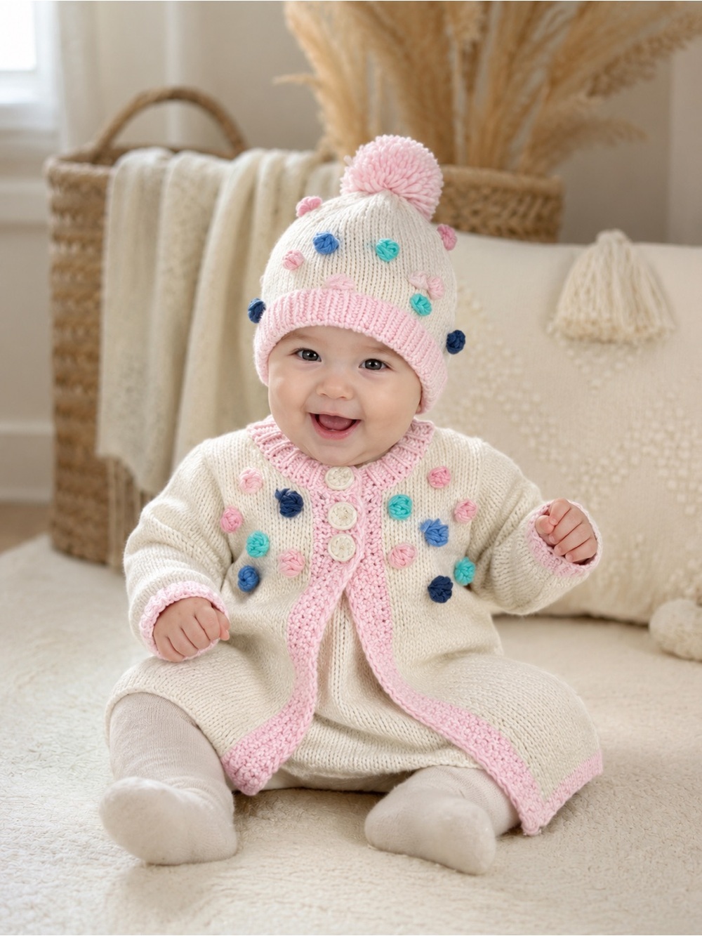 Huggalugs Popcorn Baby Cardigan and Pom-Pom Hat Set (033)